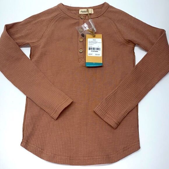 Pastel long sleeve ribbed raglan Tee with Henley color mocha New - Picture 3 of 6
